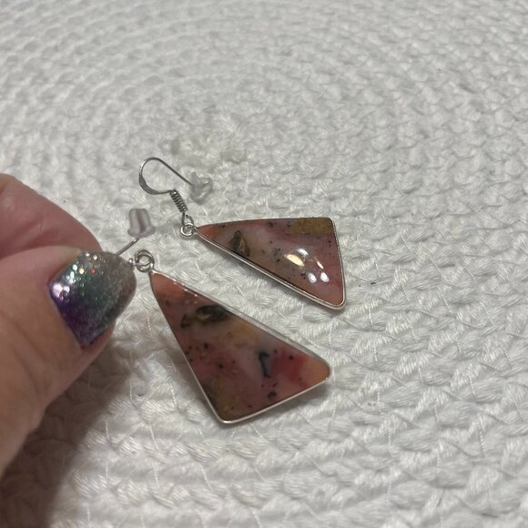 Beautiful PINK PERUVIAN OPAL Handmade Sterling 925 Dangle Earrings #168D - Picture 1 of 3
